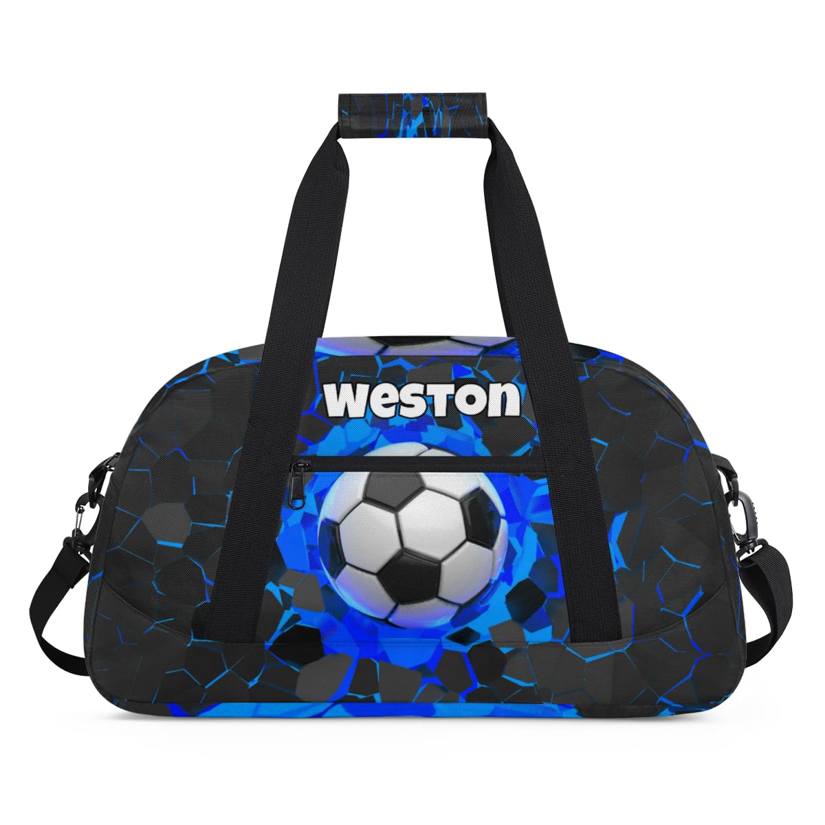Custom Name Sports Bag for Kids Boys, Personalized Gym Duffel Fitness Travel Weekender Tote Carry-On Training Perform Bag, Soccer Black Blue