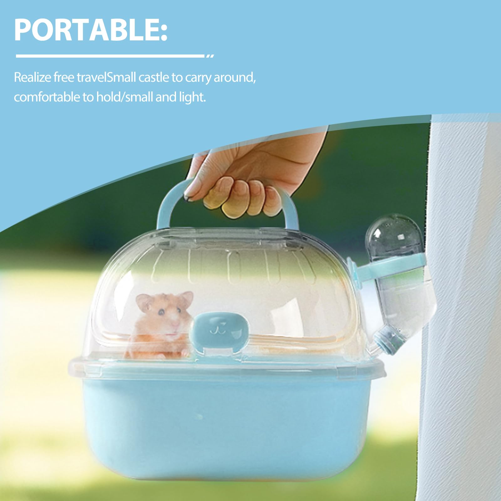 Cage de transport portable pour hamster avec bouteille d'eau, 20 x 18 x 19 cm, avec fentes d'aération, pour gerbilles, souris, hamsters nains (bleu)