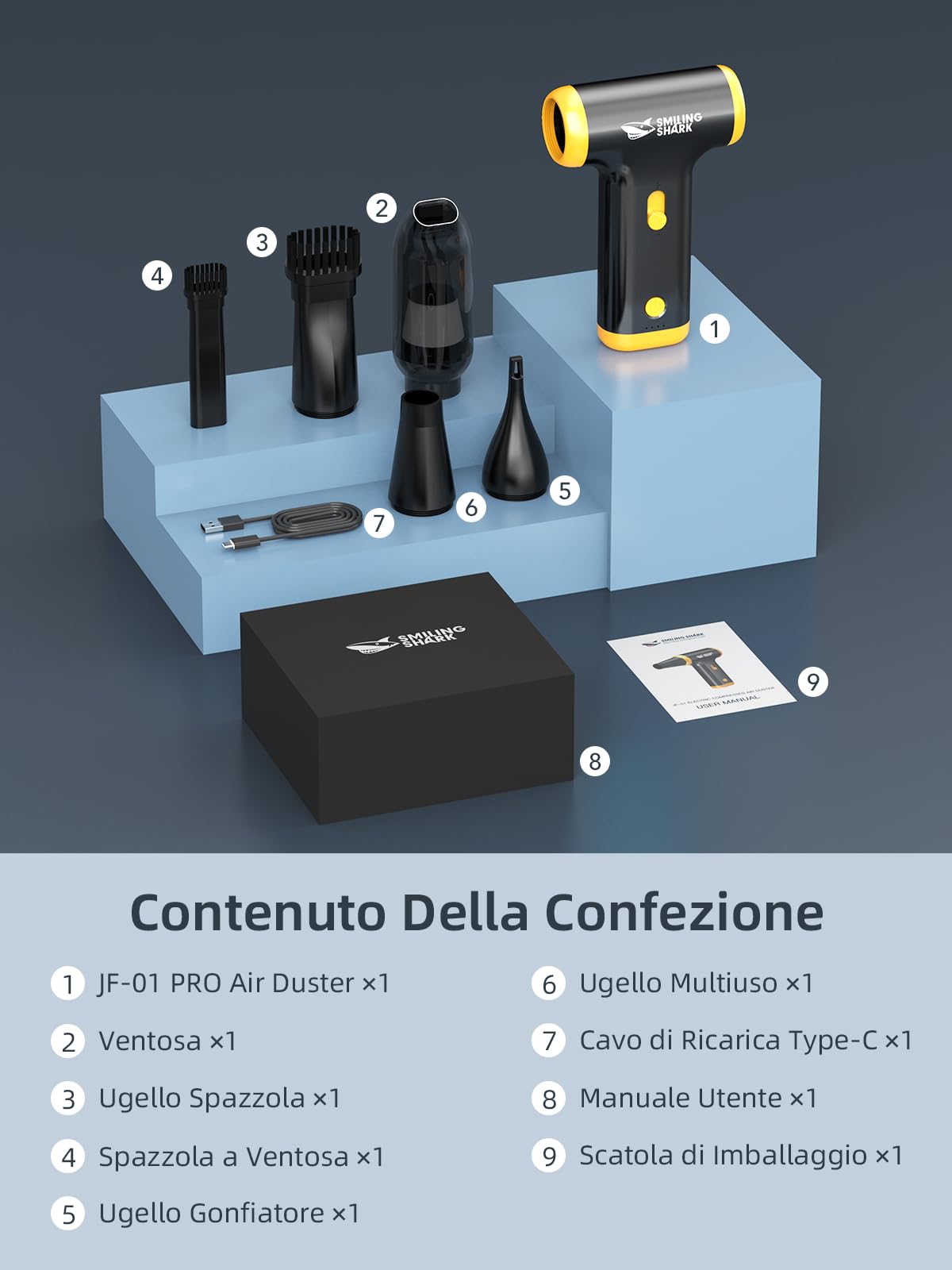 Smiling Shark Soffiatore ad Aria Compressa, JF-01 Vitesse Variabile 130000RPM Elettrico Rimuovi Polvere Senza Fili con Luce LED - Air Duster per Kit Pulizia PC/Tastiera/Auto/Divano/Camping, PRO Nero