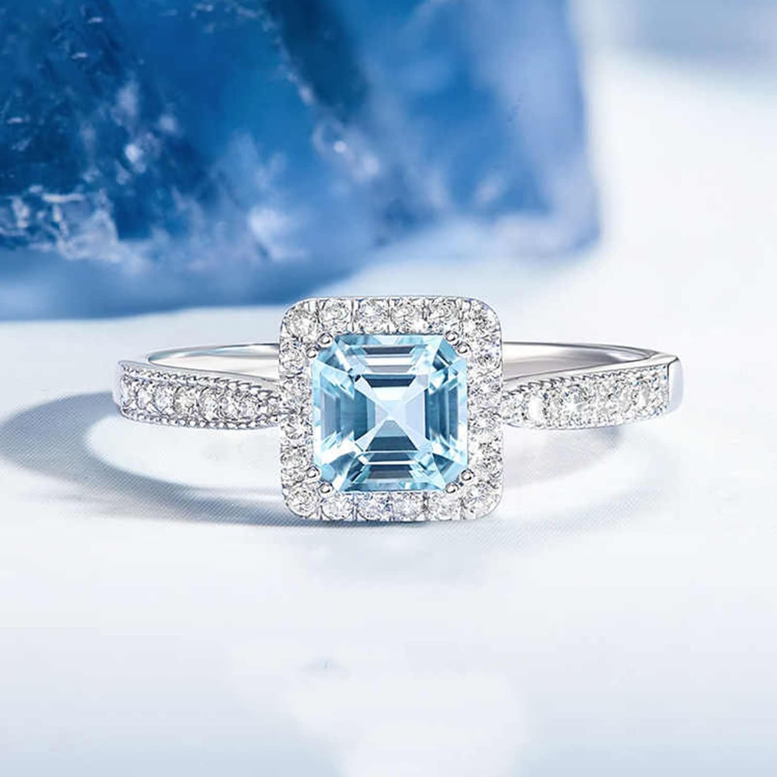 Obrączki ślubne dla kobiet 750 9K / 14K / 18K / 18K, akwamaryn kwadratowy 0,6 ct i 0,16-karatowy diament, pierścionki ślubne damskie jasnosrebrny niebieski