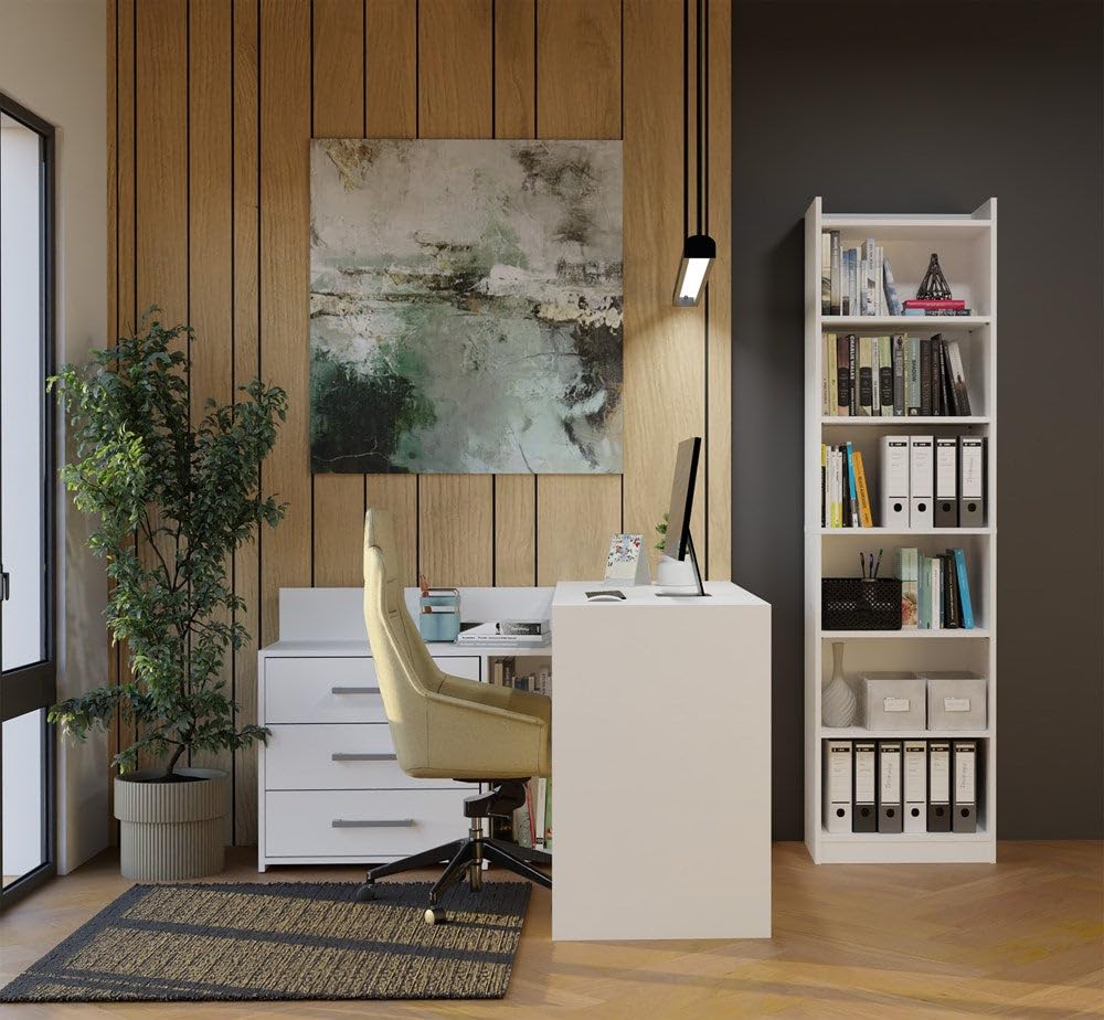 CDF Libreria Scaffale Colonna Ufficio Ripiano Libro Raccoglitore Bianco | 6 ripiani, pannello truciolare 16 mm, finitura opaco, 50x32x183 cm, montaggio fai da te, peso 28,5 kg, moderno, stretto, alto