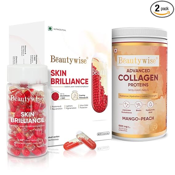 Advanced Marine Collagen Proteins Powder With Hyaluronic Acid, Biotin - 250 Grams I Glutathione with NAC - 500mg - 60 Capsules I Combo I (Collagen mango + Glutathione)