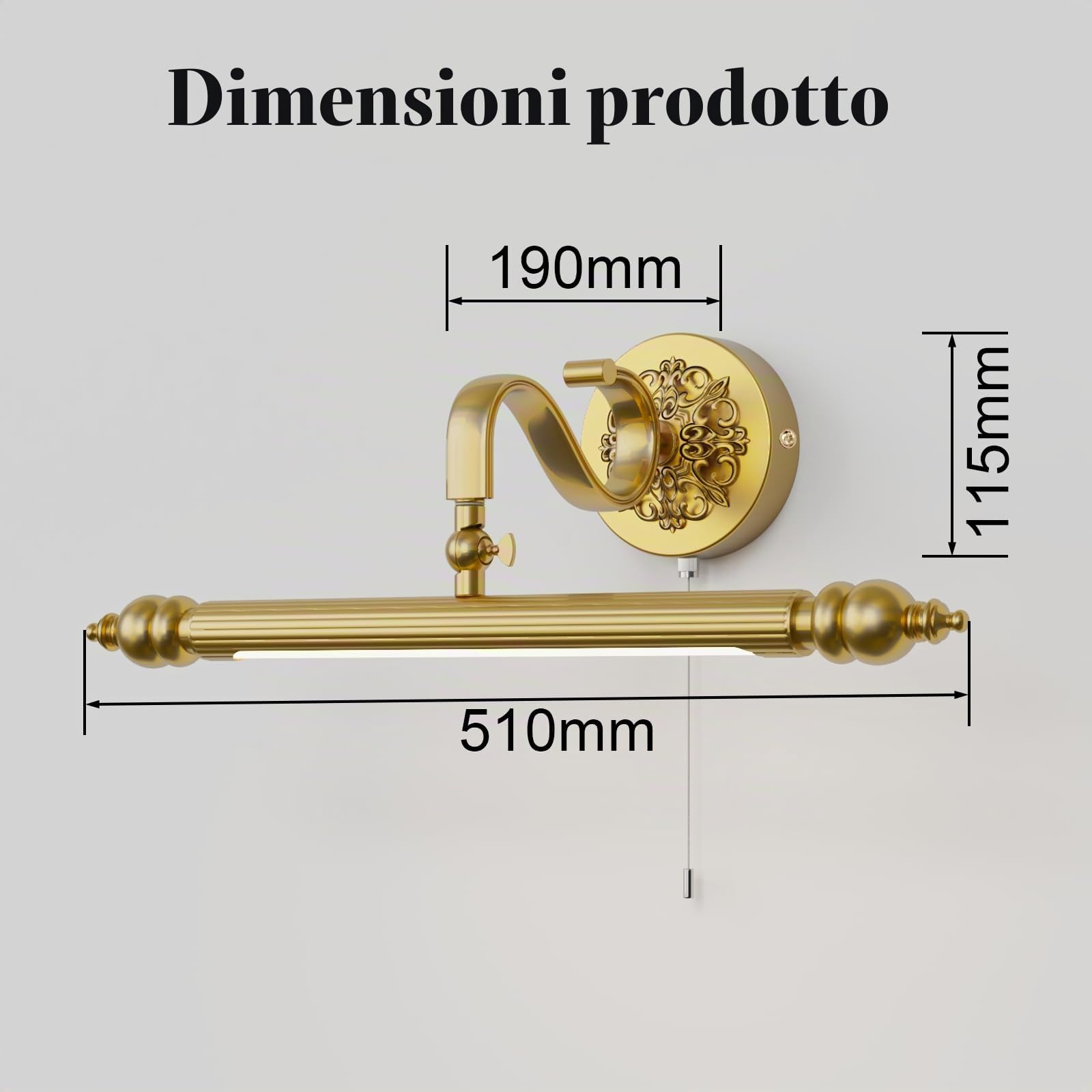 ACMHNC Lampada Specchio Bagno 51 cm, con Interruttore a Catena | 4000K Applique Bagno Oro, IP44, Braccio orientabile 240°, 8W 720lm, luce per Toletta e Quadri, 230V