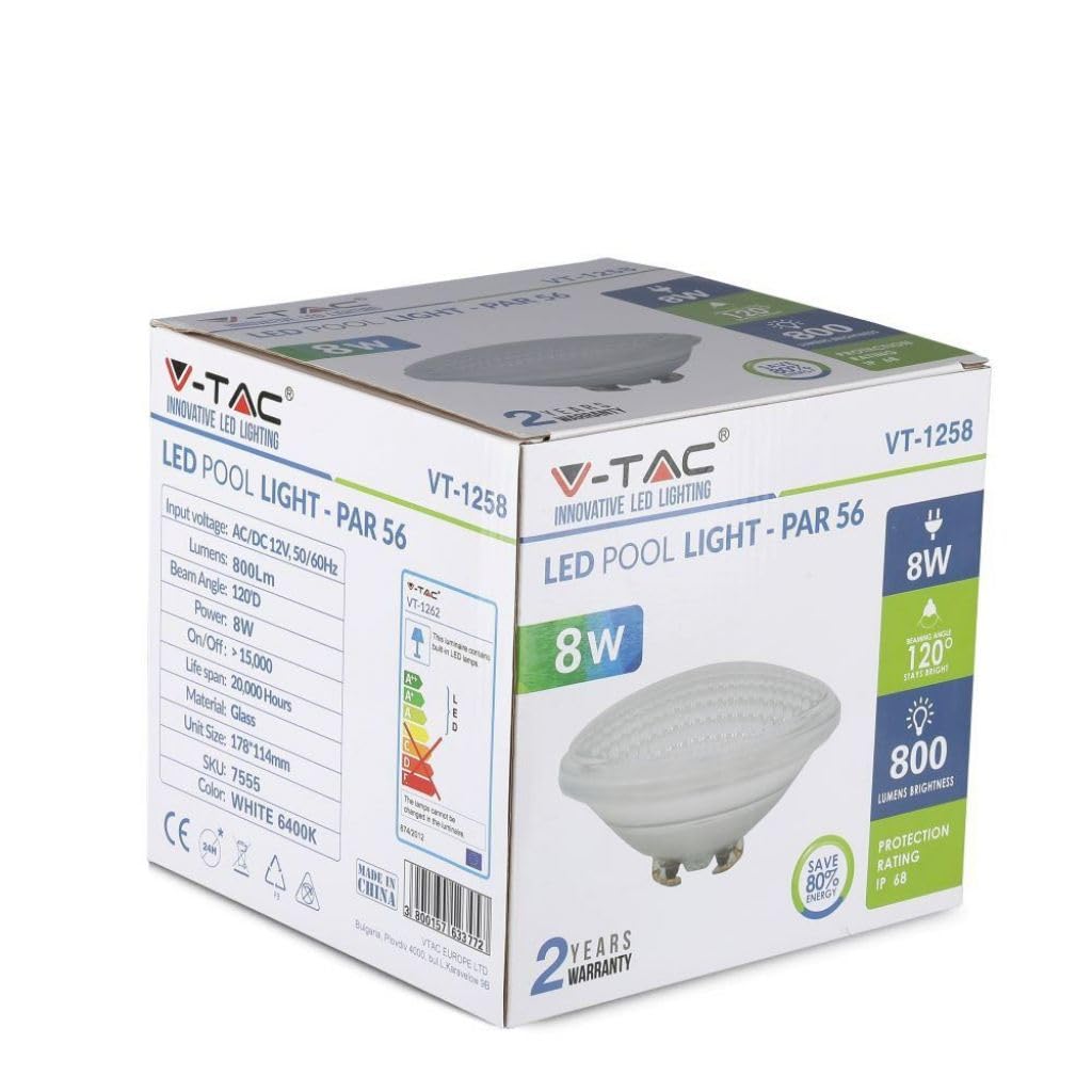 V-TAC VT-1262 12W PAR56 Pool-Leuchte Einbauleuchte Kaltweiß 6500K Wasserdicht IP68 - SKU 7559
