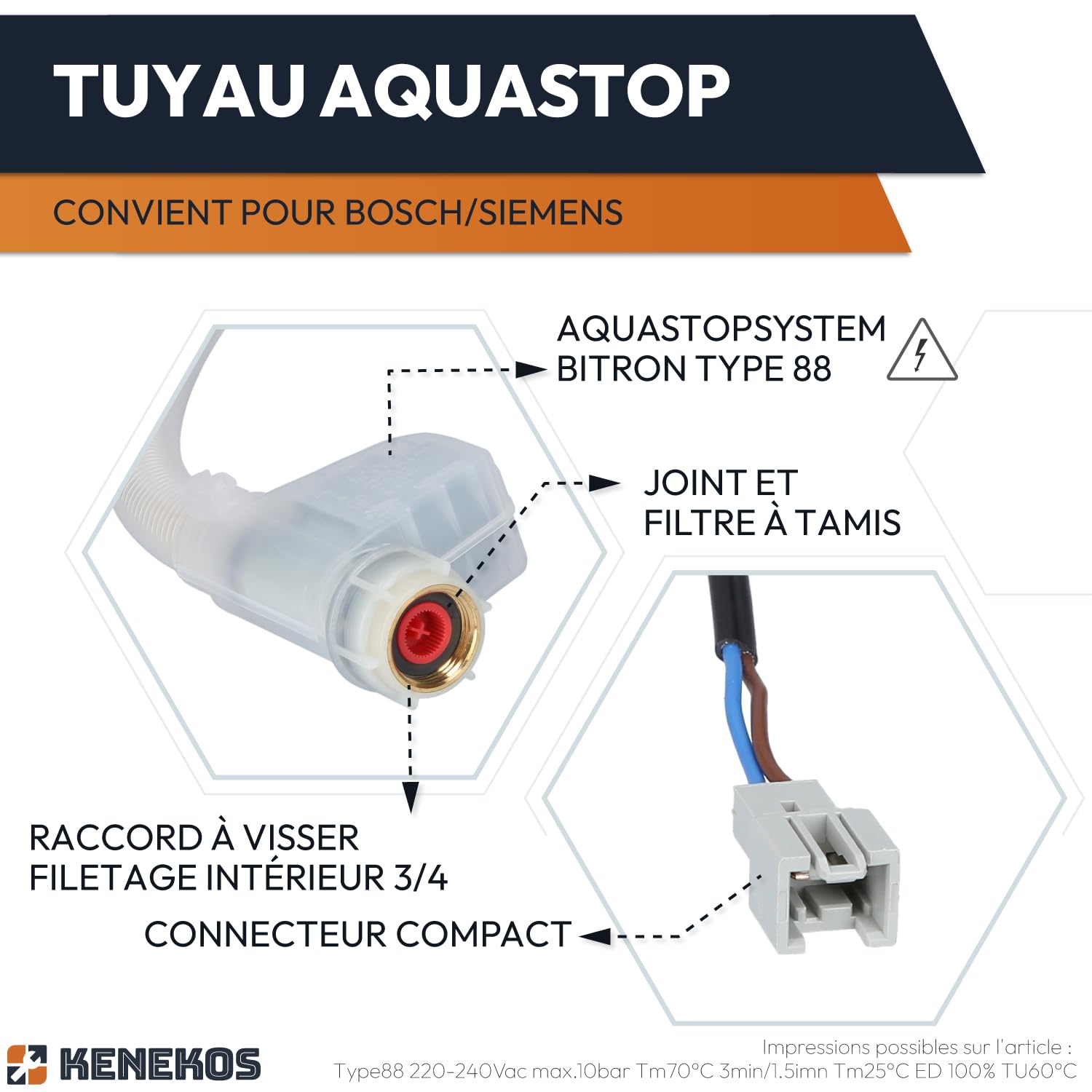 Tuyau Aquastop BITRON type 88 3/4 pouces 1,68 m compatible lave-vaisselle Bosch Siemens iQ300 iQ500 iQ700
