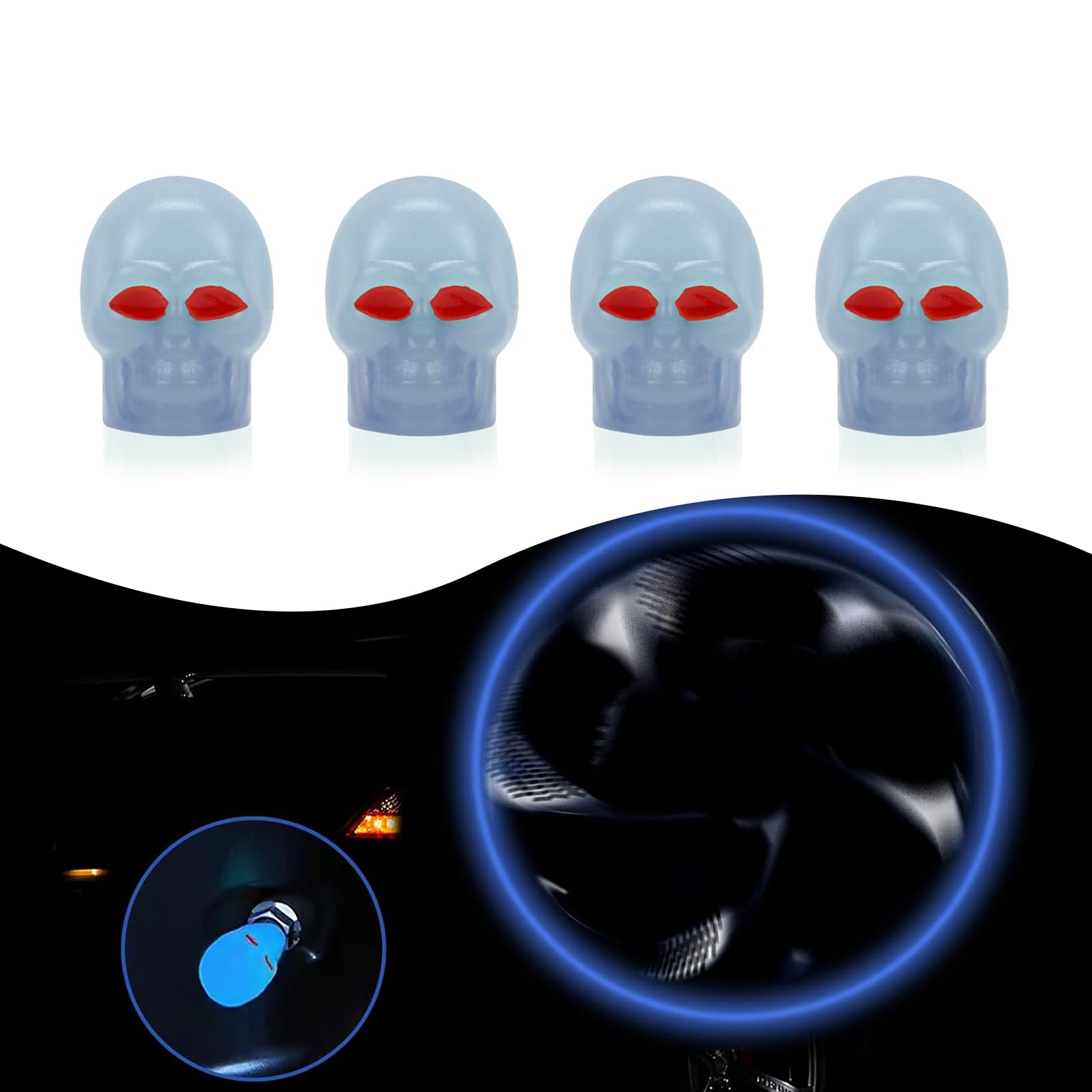 4 PCS Car Tire Valve Cap, Skull-Shaped Luminous Mini Valve Cap, Compatible with Most Cars and Motorcycles (Blue)