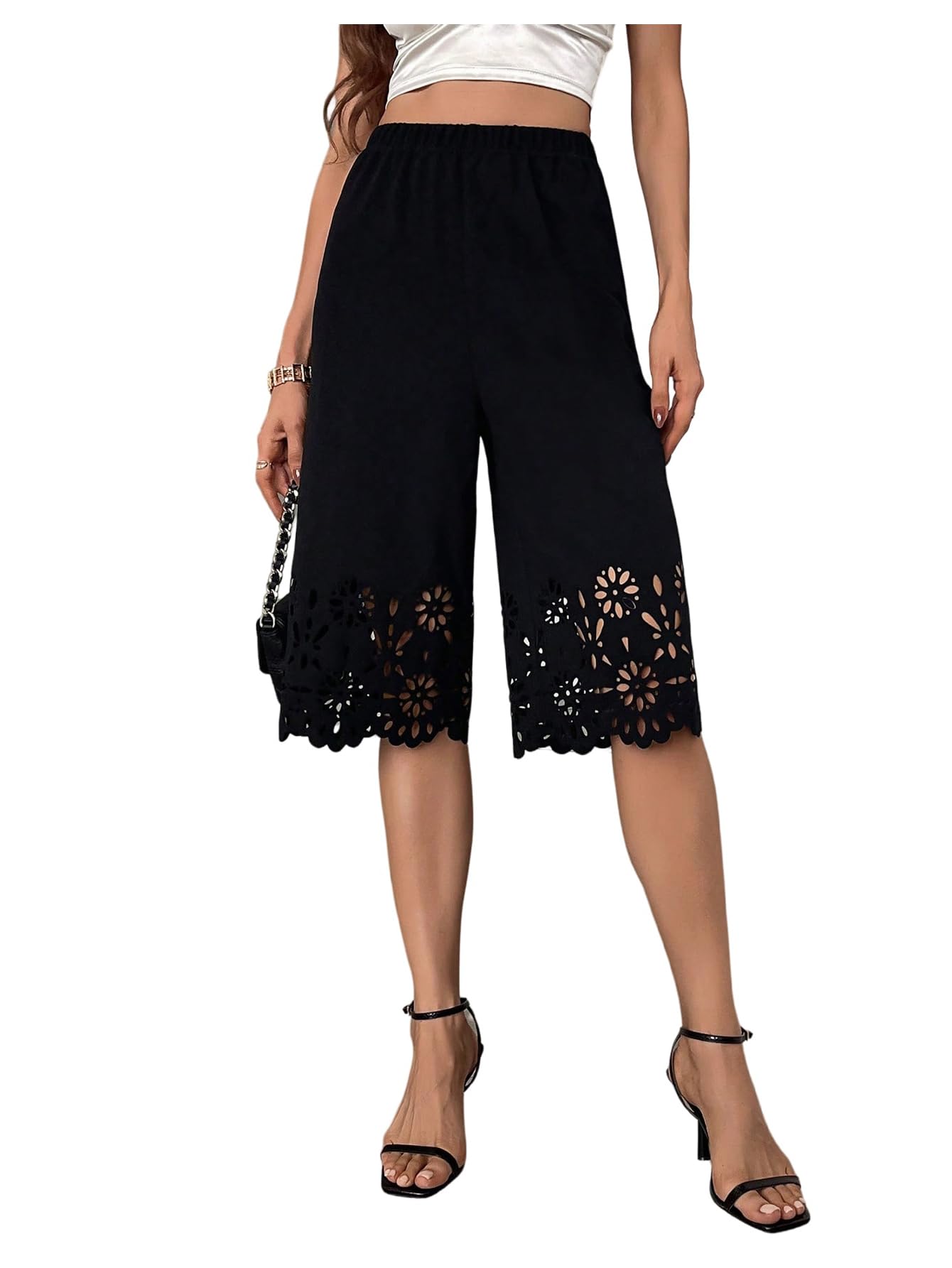 WDIRARA Womens Elastic Waist Wide Leg Capri Pants Hollow Out Scallop Loose Pants