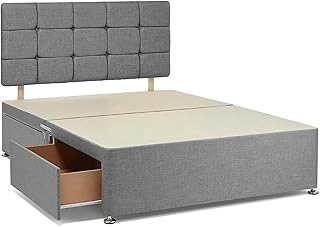 Bedsland King Size Divan Bed Frame | Grey Chenille Fabric 5FT King Bed Base with 20” High Cube Headboard & 2 Storage Drawers (150 x 200 cm)