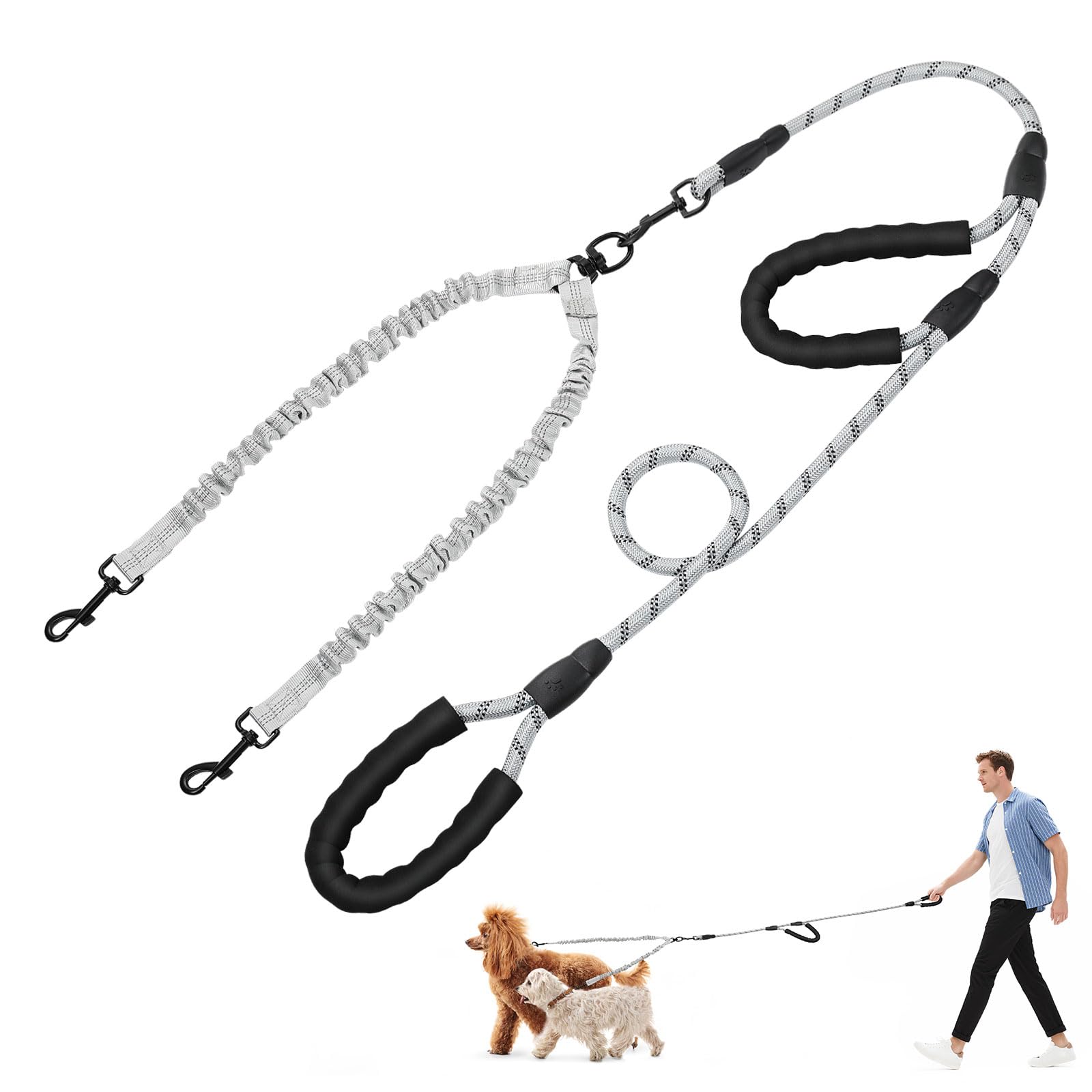 Tivray Double Dog Leash, Dual Dog Leash, 360° Swivel No Tangle Lead for 2 Medium or Large Breeds with Sponge Padded Handles