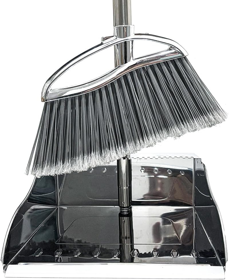 Outdoor Broom and Dustpan Comb Set,Heavy Duty Stainless Steel Metal Dust Pan with Long Handle Commercial Stiff Bristles Broom for Home Garage Garden Patio