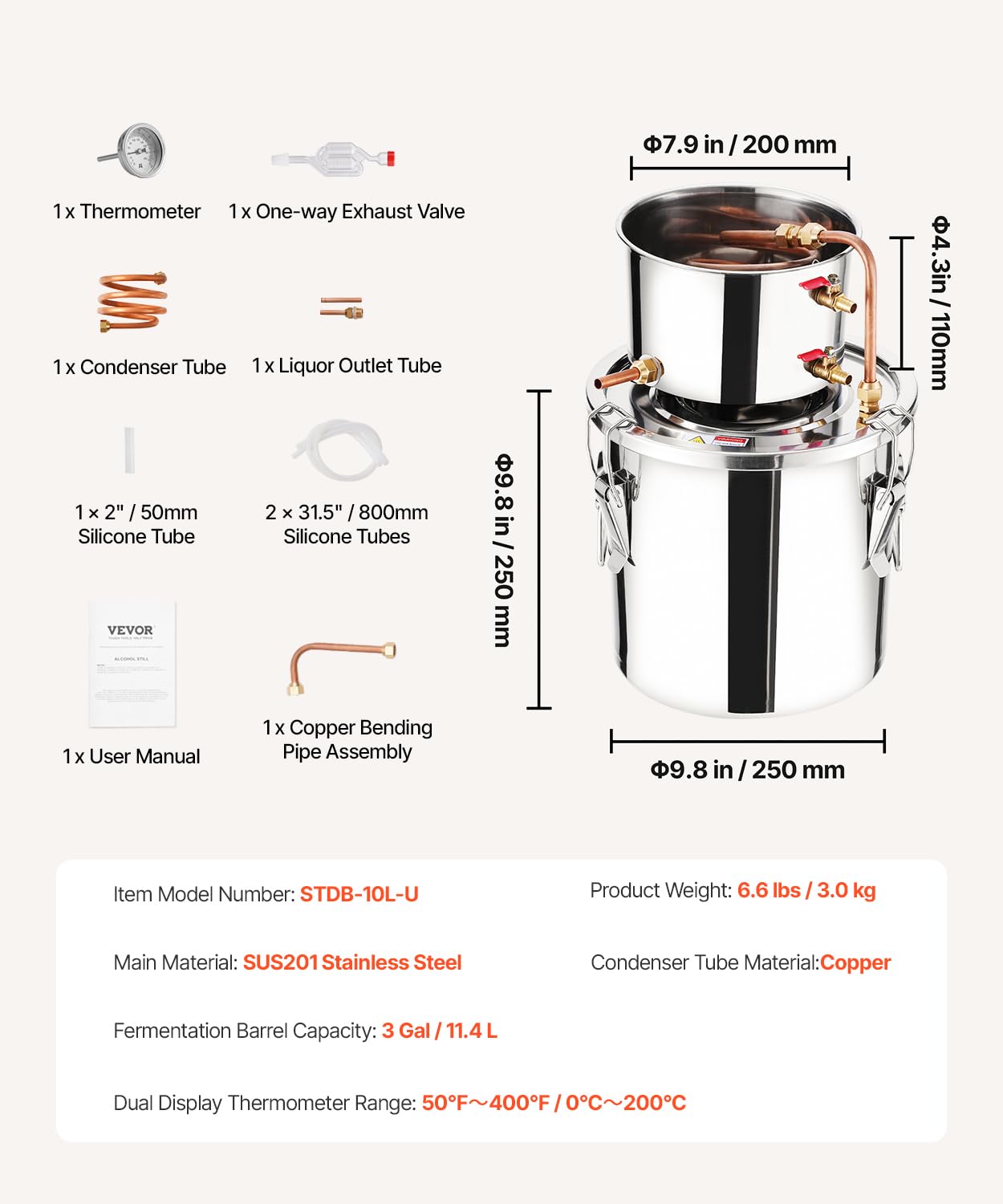 VEVOR Distillatore di Alcool da 11,4 L Distillatore di Alcool Acqua in Acciaio Inox con Bobina di Rame, Kit di Fermentazione per Raffinazione Birra Fatta in Casa con Termometro, per Vino, Argento