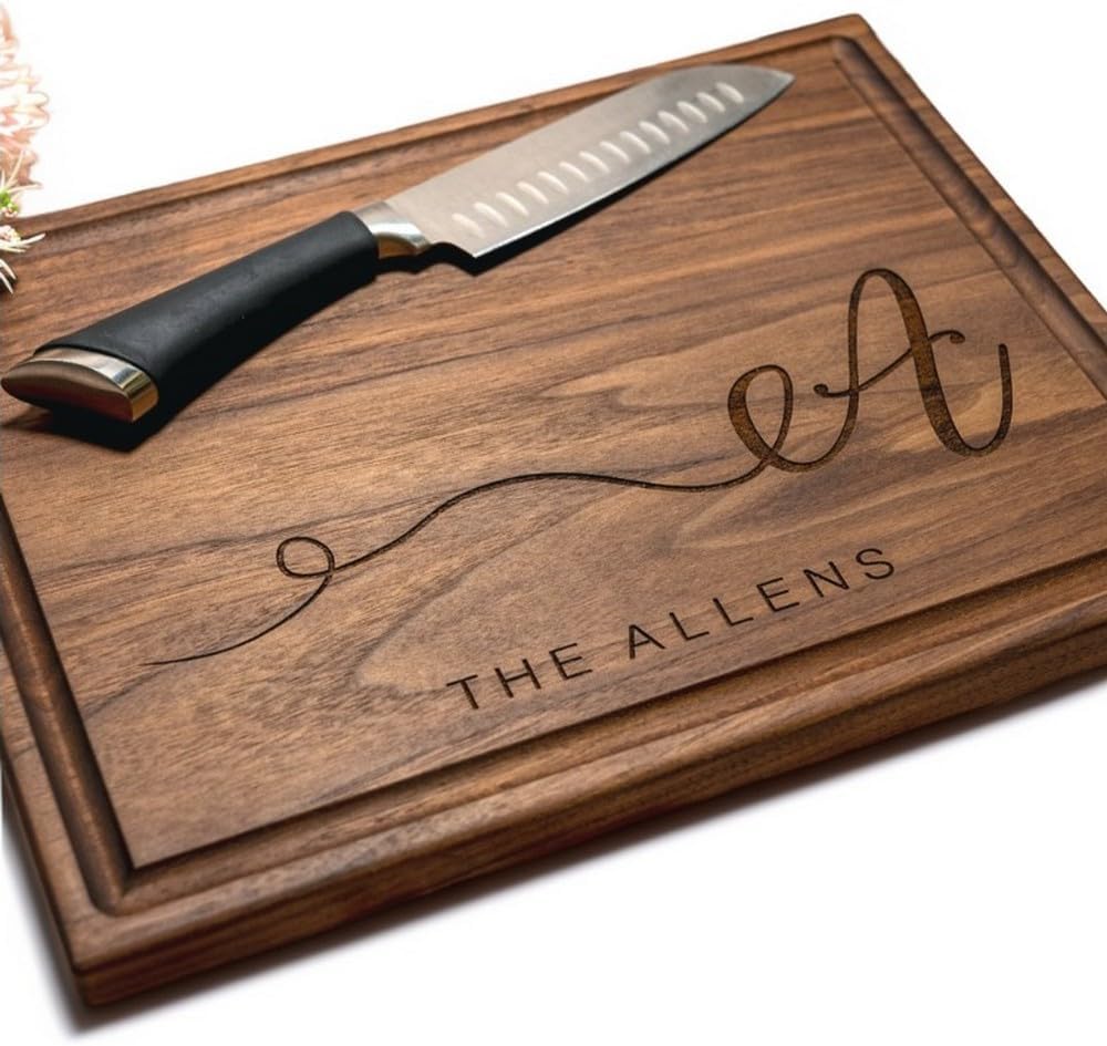 Personalized Swirled Initial Cutting Board, Custom Letter Engraving, Wedding, Anniversary or Family Name Gift for Couples, Handmade Wood Charcuterie