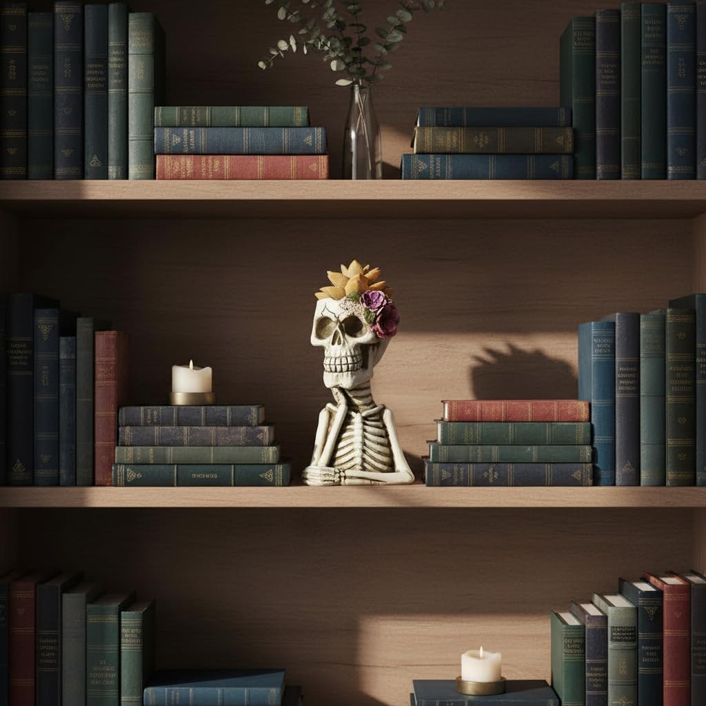 Skull Fake Plants Statue Decorations, Planter Pots with Artificial Succulents, Faux Indoor Plants for Home Decor, Desk Ornament, Handmade Resin Skeleton Statue, Unique for Women