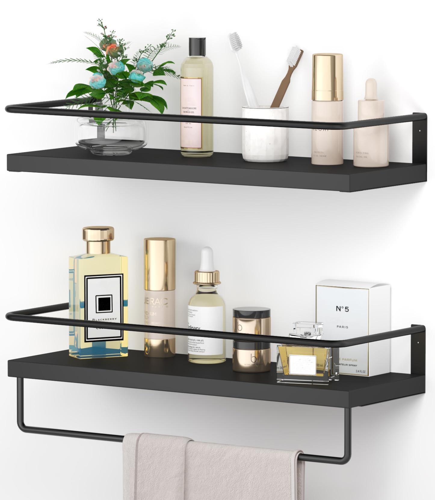 Bathroom Floating Shelves Set of 2 with Towel bar (Black Black)