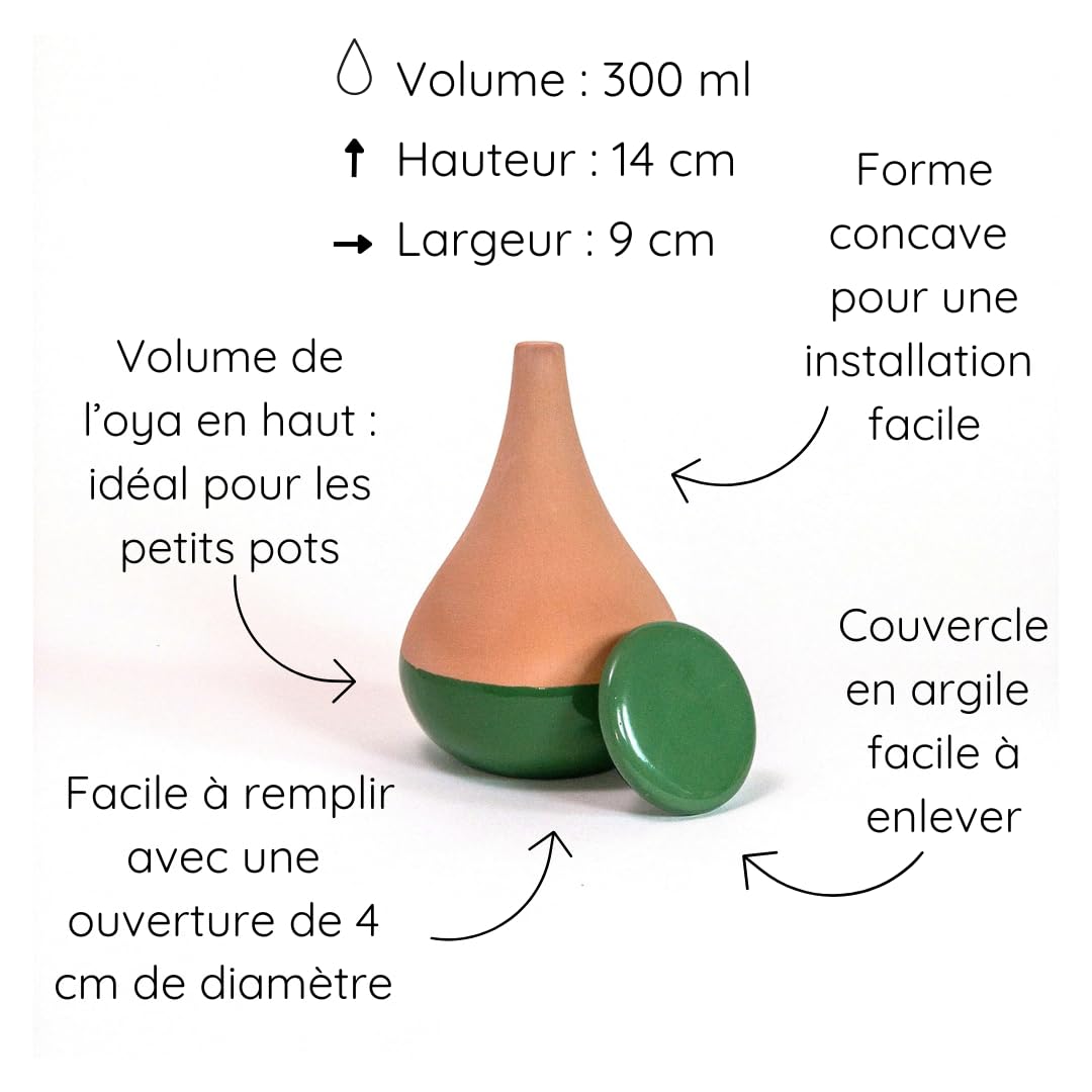 3 Oyas a Planter en Terre Cuite de 300 ML en Couleur - avec Couvercle- Goutte a Goutte pour Plante d'interieur - ollas (Vert)