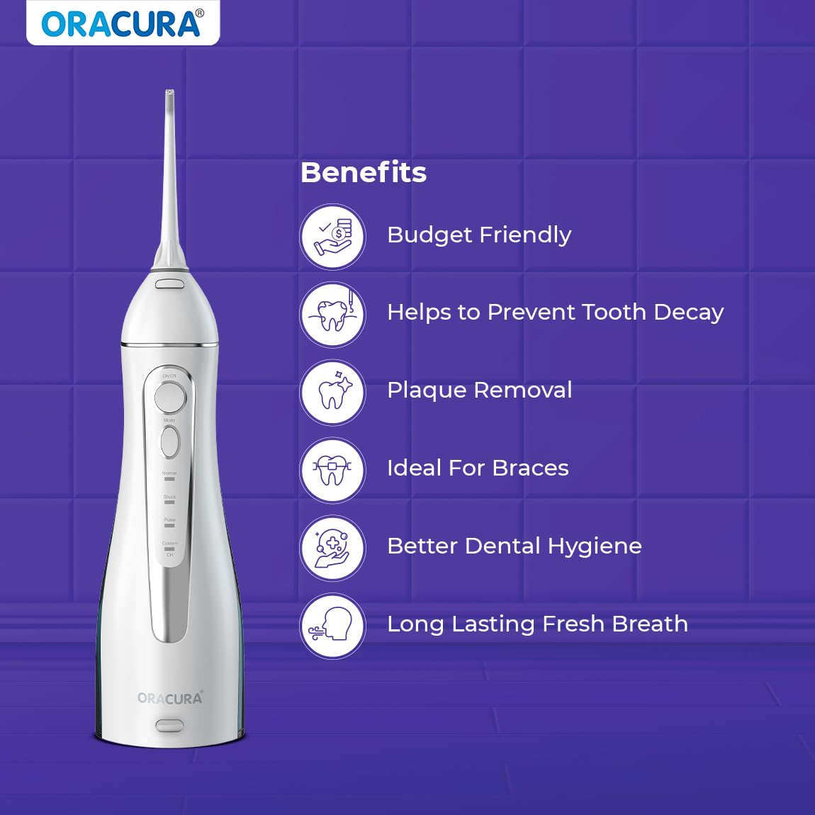 ORACURA® Smart PLUS Water Flosser® OC200 LITE White with 2 Nozzle tips | Portable & Rechargeable | Custom 8 Water Pressure Settings | 200ml Water Tank Capacity | IPX7 Waterproof | 365 Days Warranty
