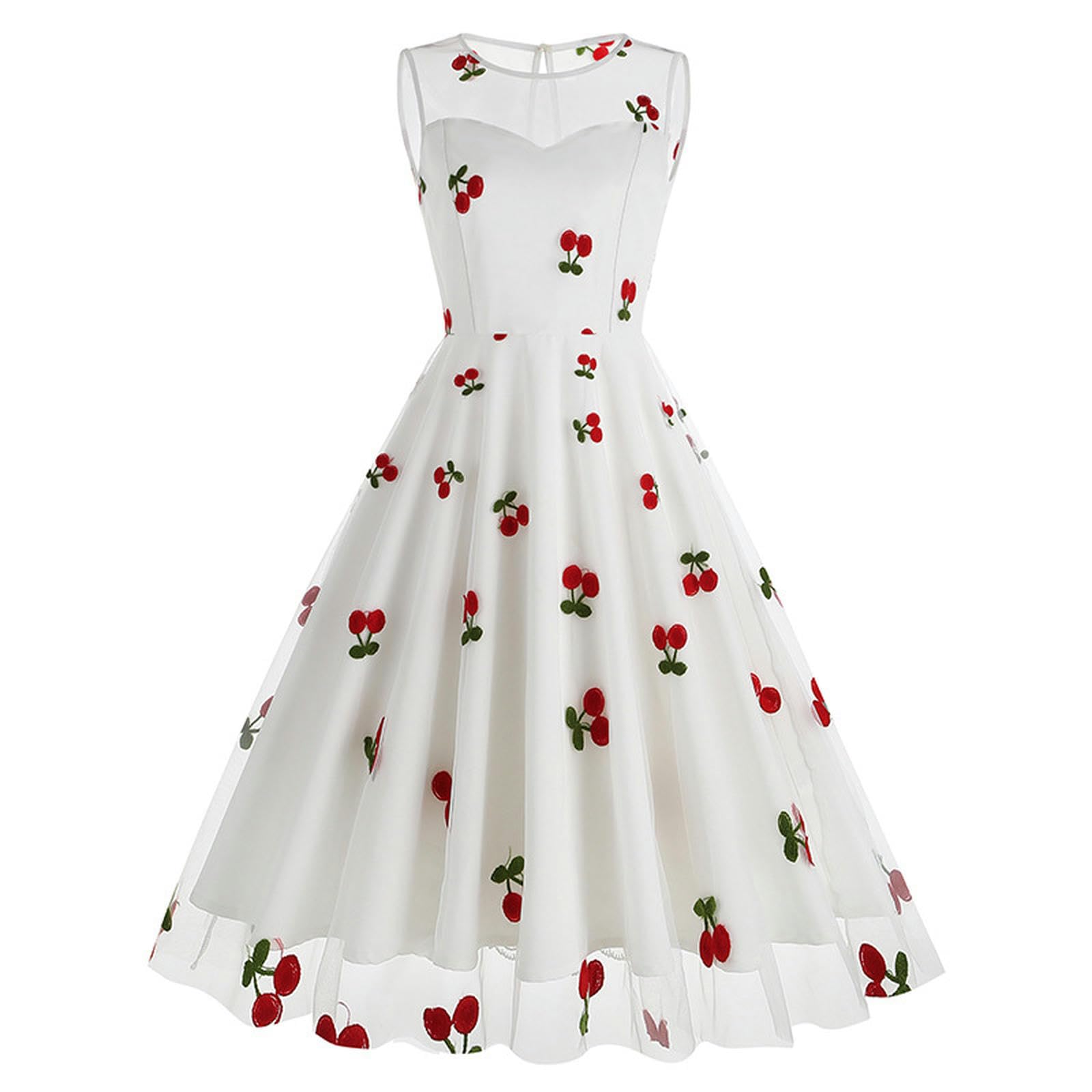Robe rétro européenne et américaine à col Rond sans Manches pour la Saint-Valentin en Maille brodée de Cerises-Noir Cerise-M