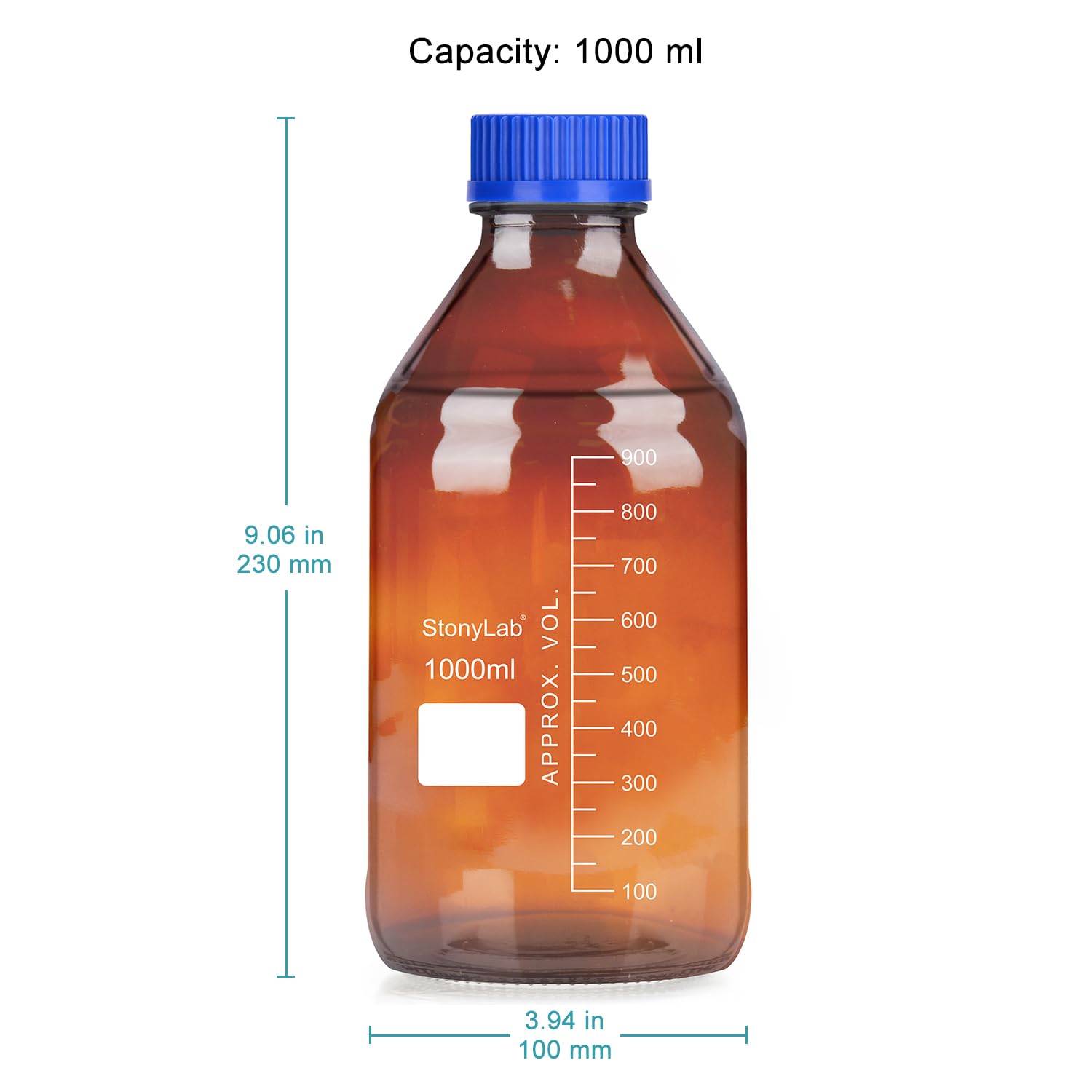 stonylab Butelki do przechowywania z zakrętką GL45, 1000 ml, ze szkła bursztynowego, okrągła, do przechowywania odczynników laboratoryjnych, z niebieską zakrętką, 1 opakowanie