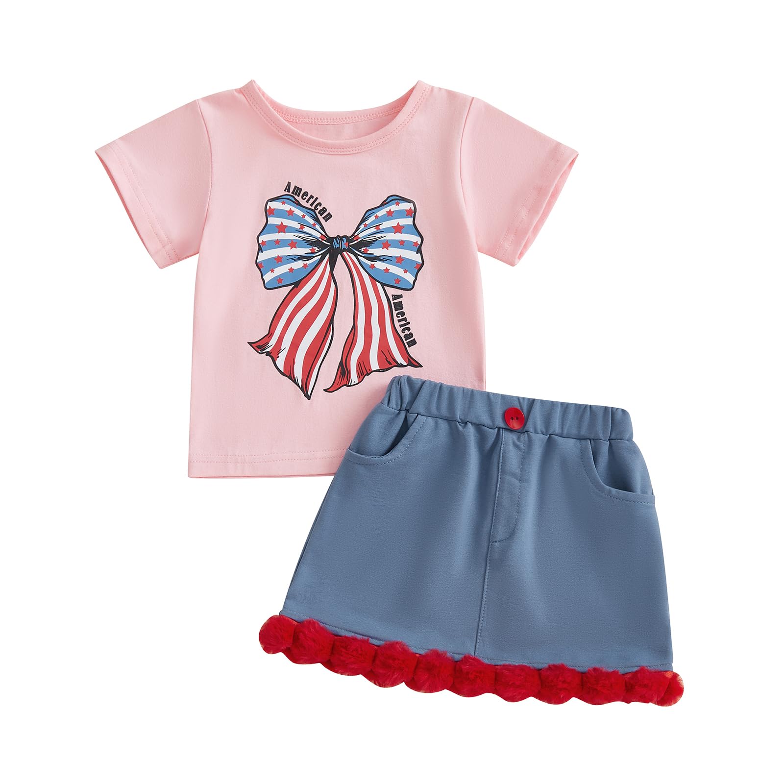 4th of July Baby Girl Outfit Bow American Flag Shirt Tops A-line Skirt Set Toddle Girls Independence Day Clothes (Pink, 2-3T)