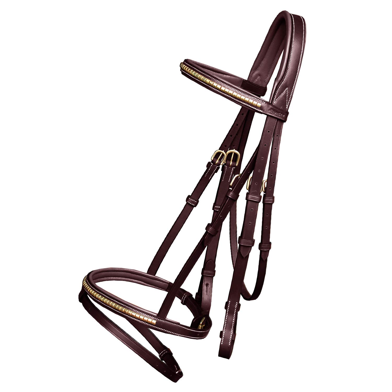 Exion English Jumping Bridle with Flash โ Anatomical Padded Headpiece & Brass Clincher Studded Browband & Noseband โ Premium Leather Horse Bridle with Contrast Stitching & Rubber Reins โ Pony to Full