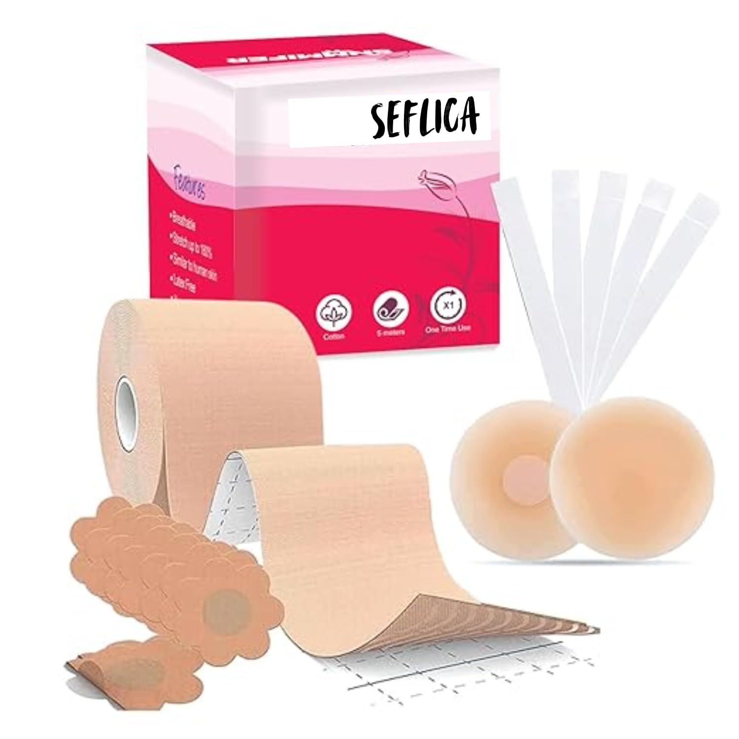 Boob Tape Kit for Women (Beige) | Instant Lift Tape with 10 Nipple Pasties, 36 Double-Sided Fashion Tape Strips & 1 Pair Reusable Nipple Covers | Body Tap e for Backless, Strapless Dresses