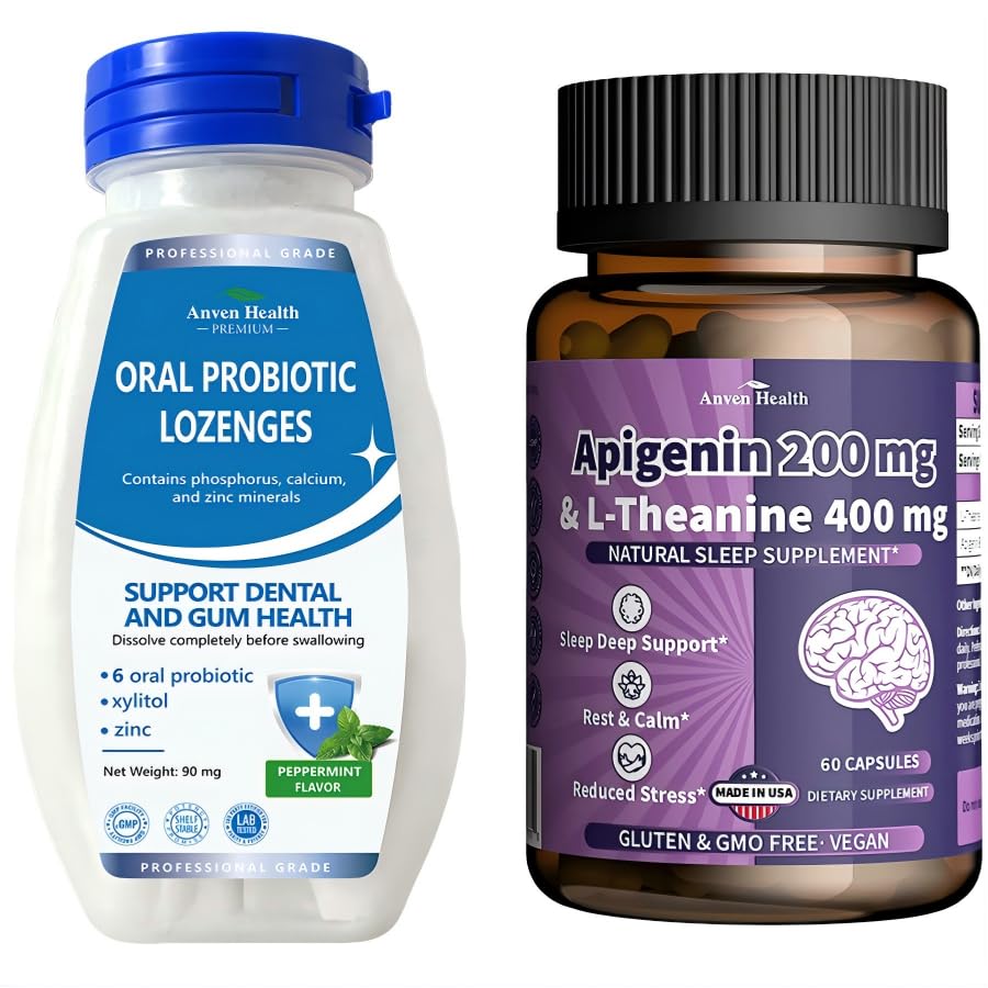 Oral Probiotics Lozenges for Mouth Bad Breath & Gum Repair & Anven Health 400mg L-Theanine with 200mg Apigenin Supplement for Sleep