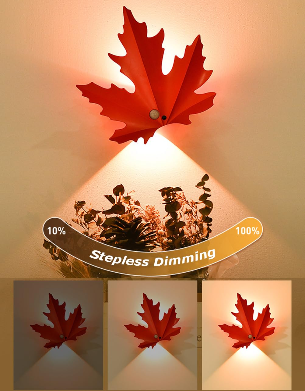 LED Nachtlicht mit Bewegungsmelder Akku Innen Wandlampe Kabellos Ahornblätter Design, 3000K Fernbedienung Dimmbar 3 Modi Wandleuchte Ohne Stromanschluss, USB Aufladbar Magnetisch Treppenlicht,2pack