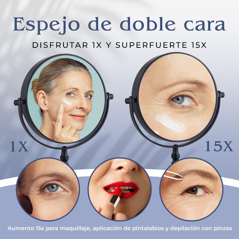 Mirrorvana Espejo de Mesa de 15X aumentos con Soporte - diseño cosmético de Doble Cara 15X y 1X, Ideal para Escritorio, tocador o encimera de baño - 22,9 cm de Alto y 15,24 cm de Ancho (Negro)