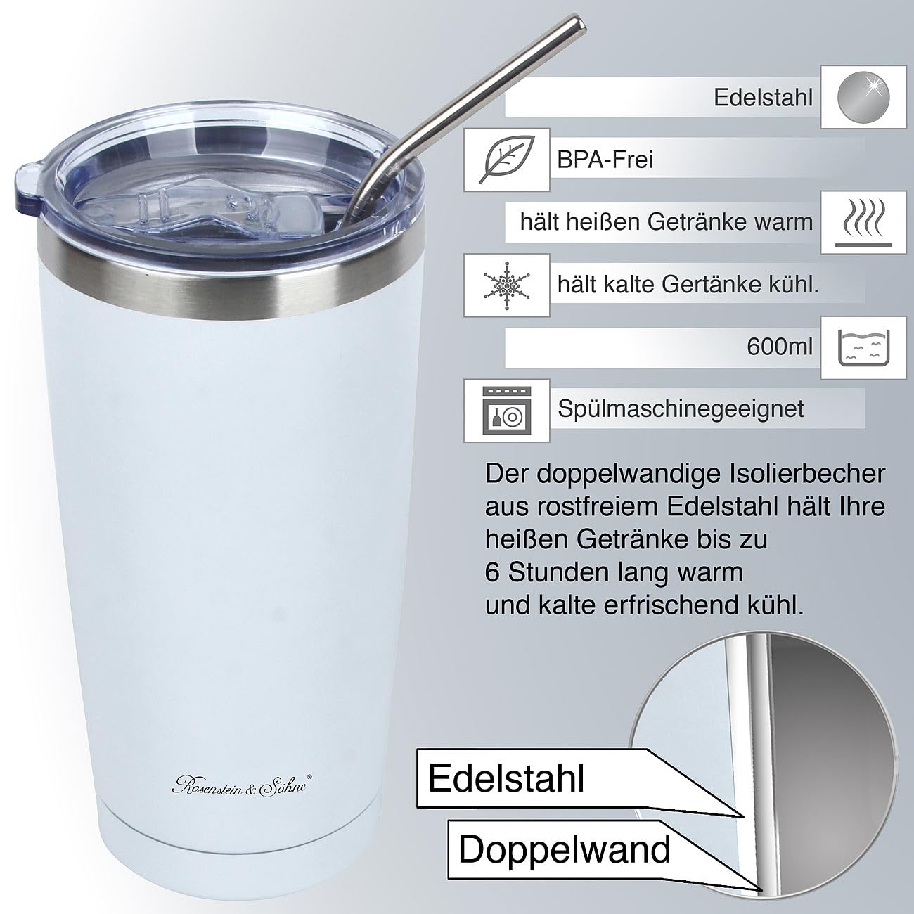 Rosenstein & Söhne Becher: 4er-Set doppelwandige Isolierbecher, weiß, 600 ml, Edelstahl (Isolierbecher mit Deckel, für Smoothie, Kfz)