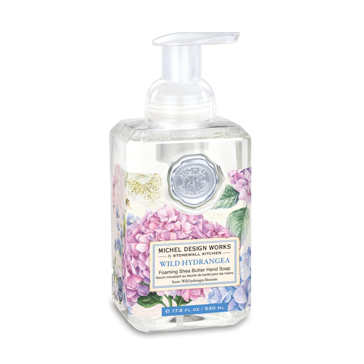 Foaming Hand Soap 17.8oz, Hydrangea Scent and Design, Shea Butter and Aloe Vera Blend, Beautiful Square Container with Pump