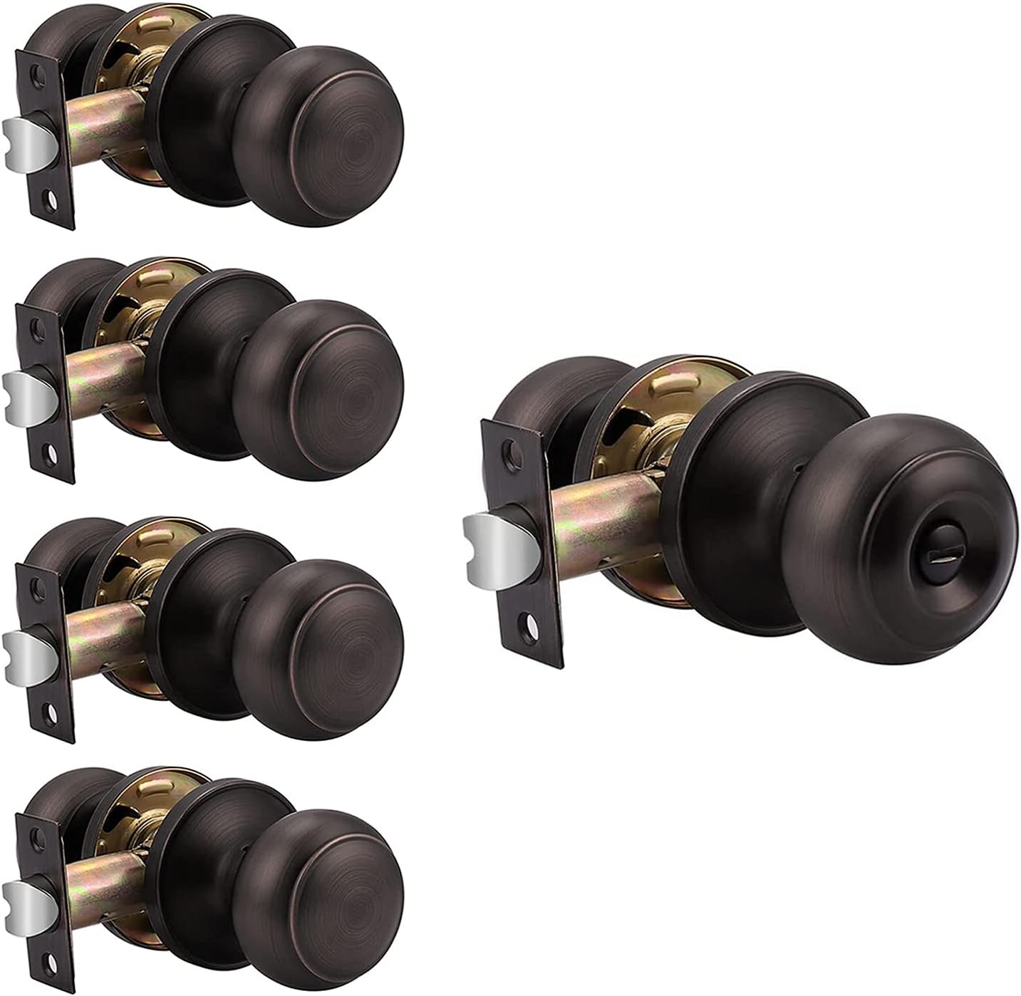 Probrico (4 Pack Passage Door Knobs and (1 Pack) Privacy Door Knob Bundle, Oil Rubbed Bronze Interior Round Door Knobs for Hall Closet and Bath Bed