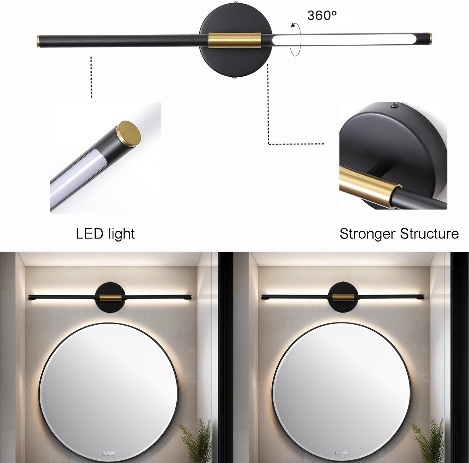 COTULIN 360° Rotatable LED Vanity Light Bar for Bathroom,24 Inch Black Gold Light Fixtures Over Mirror,Modern Bathroom Sconces Wall Lighting 4000K 8W Picture Light