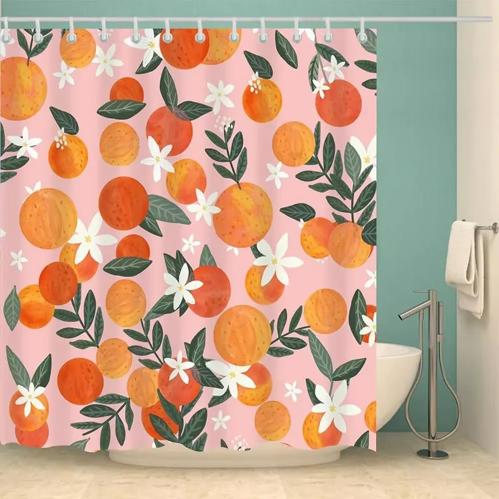 IHHGNB Tropical Fruit Peach Shower Curtain Pink Boho Orange Apricot Flower Leaves Colorful Floral Waterproof Shower Curtain(120x180cm(47x71in)