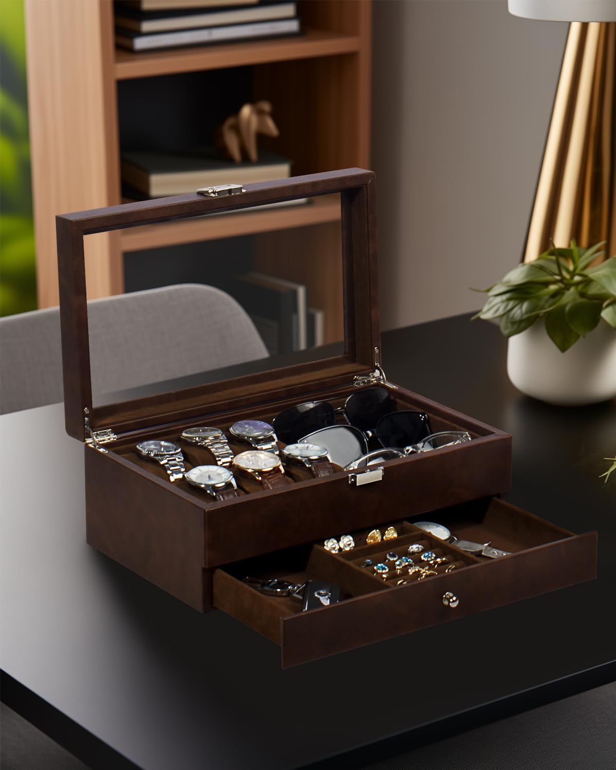Uhrenbox, 6 Fächer, Uhrenetui, 3 Fächer, Brillen-Organizer, Herren-Schmuckschatulle mit transparentem Glasdeckel, doppellagig mit Schlüsselschloss, Geschenk, Braun
