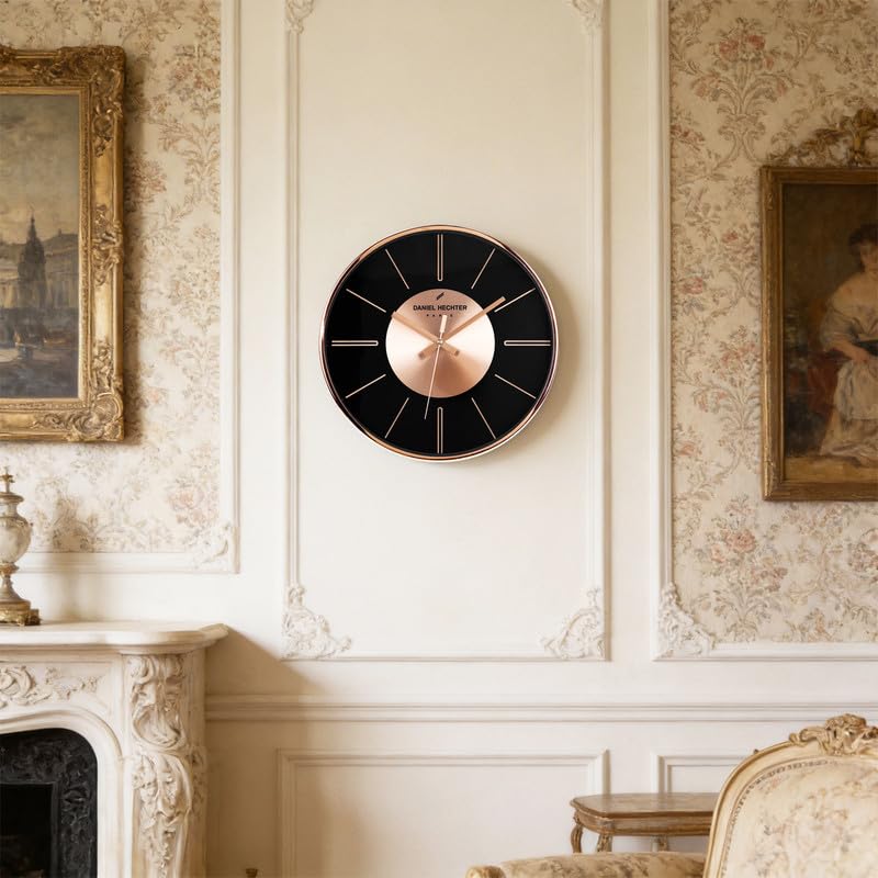 Image of Daniel Hechter Paris Seine Collection Wall Clock, Silent Sweep Non-Ticking,12 inch(30cm) HD Glass Black Dial, Rose Gold Aluminum Face & Metal Frame, Modern Decorative Clock for Home & Office