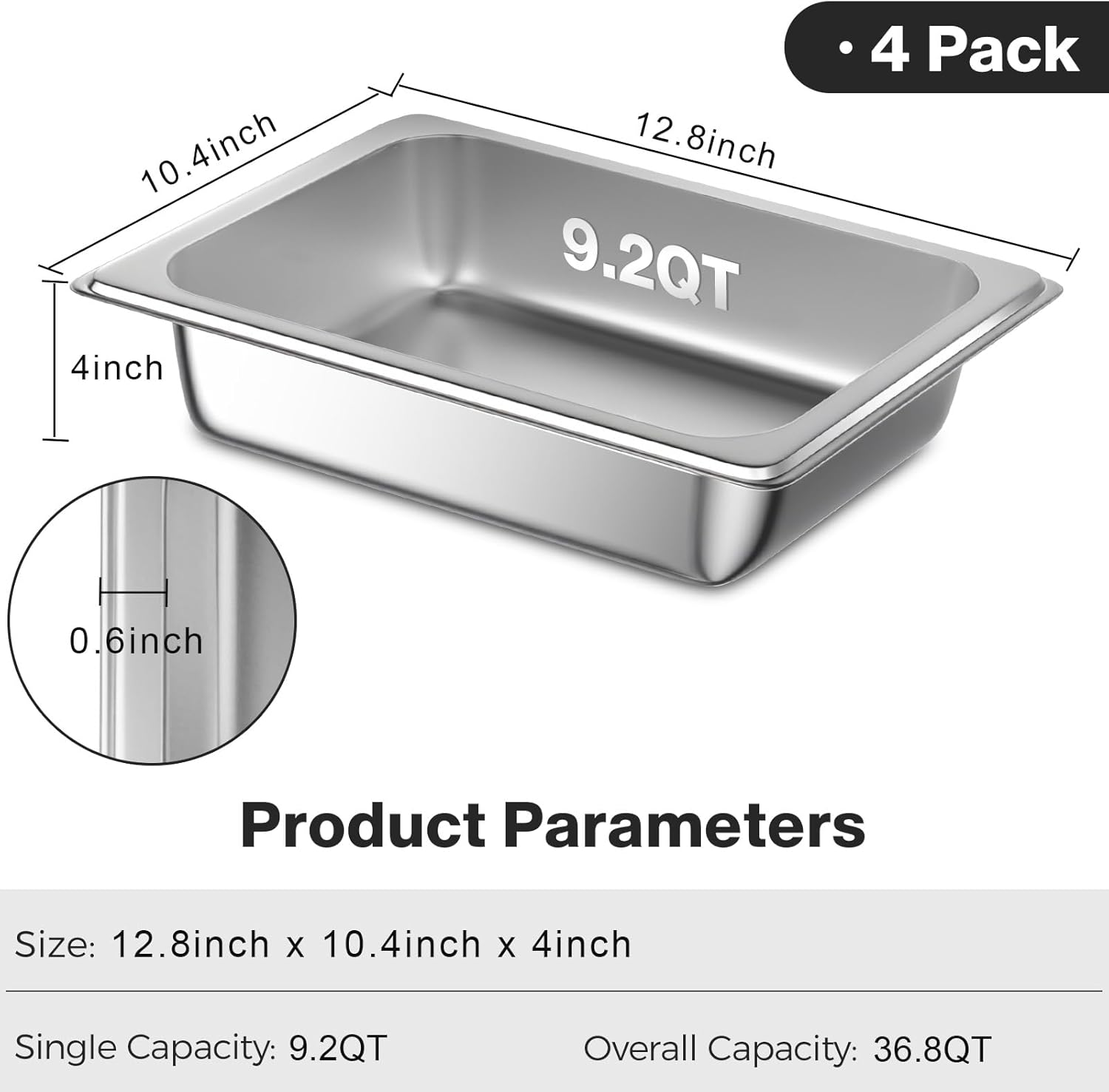 OSTBA 4 Pack Hotel Pans with Lids, 1/2 Size 4" Deep Stainless Steel Steam Table Pan Full Size, 12.8" L x 10.4" W Anti Jam Buffet Pan for Home, Party, Restaurant, Hotel, Buffet