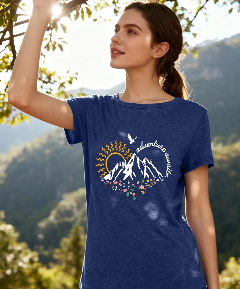 Adventure Awaits Shirts for Women Cute Sunrise Eagle Graphic Hiking T Shirts Outdoor Casual Short Sleeve Wildflower Tops - Image 3