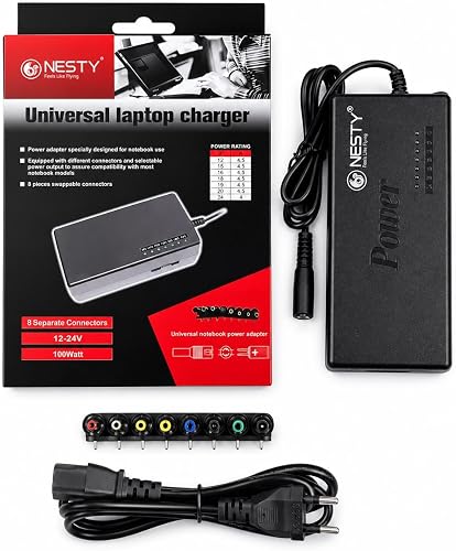 NESTY Universal Laptop Charger 100W (12V–24V) with 8 Interchangeable Connectors