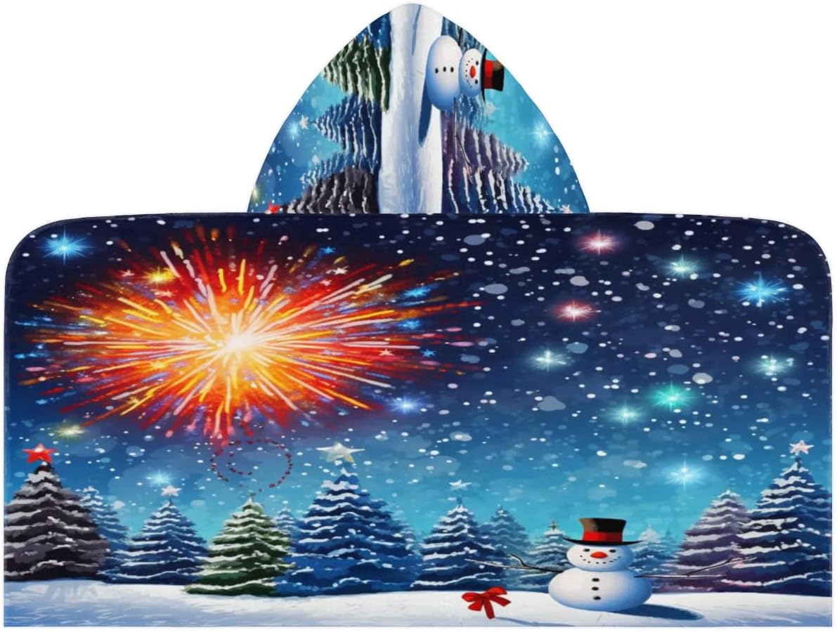 Pardick Kid Bath Towels Firework Snowman Kids Towel with Hood for Girls Boys Beach Towel Pool Cover Up Soft Absorbent Toddler Hooded Bath Towel for Shower, Beach, Pool