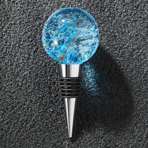 Vcozar Murano Glass Wine Bottle Stoppers, Starry Sky Deco Glass Wine Bottle Protector?Reusable Wine Stoppers for Beverage, Wine Saver for Gifts, Bar, Holiday Party, Wedding (Blue)-1-Pcs