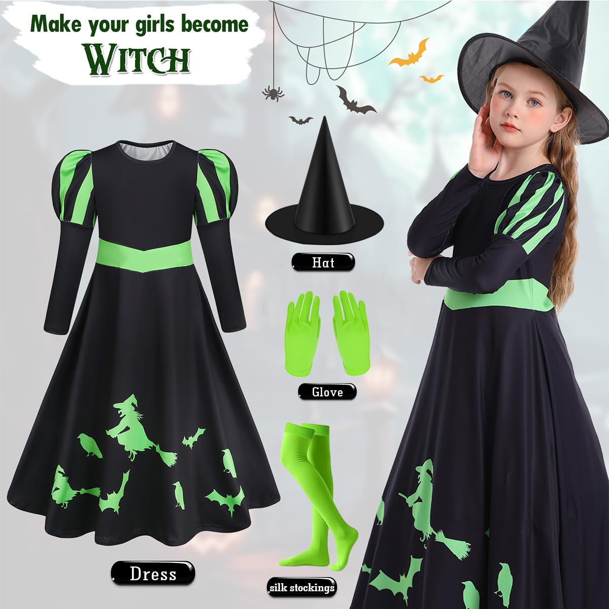 Marendyee Witch Costume Kids Christmas Fancy Dress Up for Girls with Witches Hat Green Gloves Set World Book Day Costumes Cosplay Puff Sleeves Swing Dresses Outfit 9-10 Years - Image 2