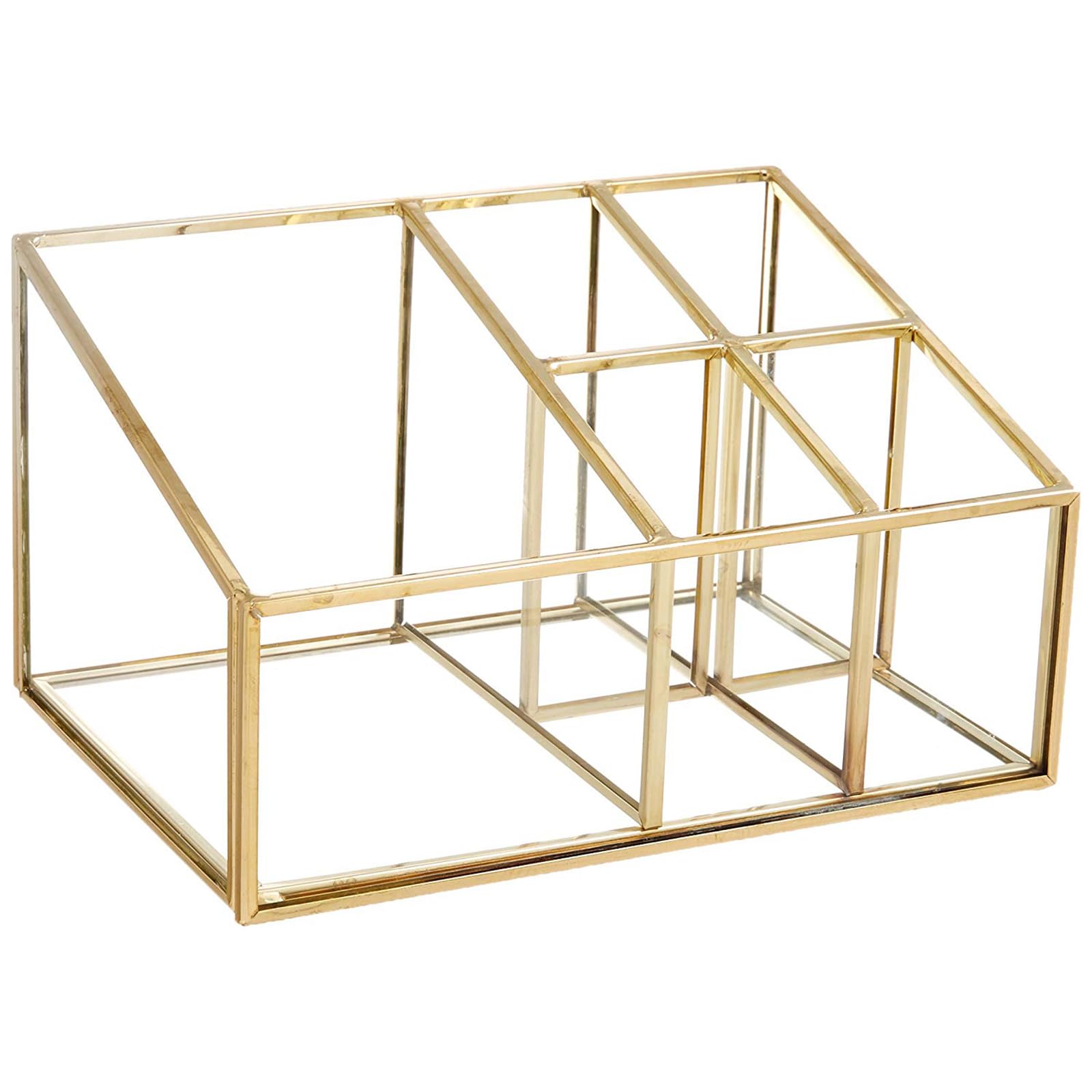 Putwo MakEUp Organizer Vintage 5 Compartments Glass & Metal Cosmetic Brass Storage For Brushes Perfume Lipsticks Nail Polish Holder Dresser Vanity Countertop - Gold