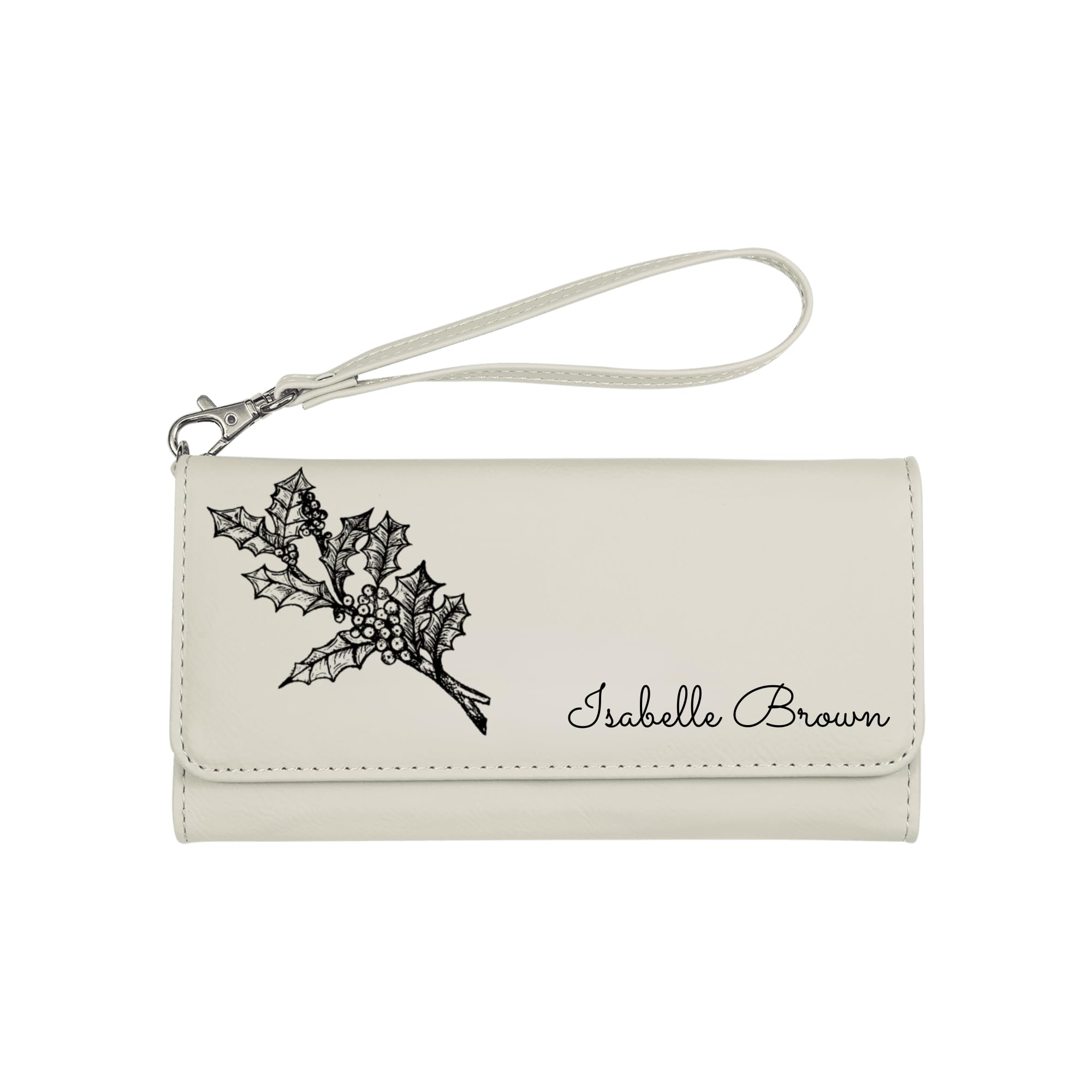 Personalized Birth Month Flower and Name or Text Leather Wallet with Wrist Strap, Customized Wallet, Gift for Her, Mother's Day Gift, Birthday Gift, Valentine's Day Gift (White)