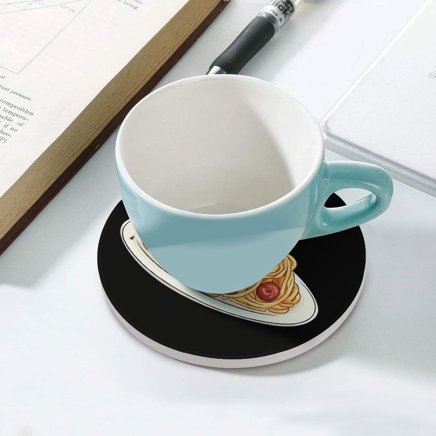 Italian Meatball Spaghetti Funny Round Ceramic Coasters for Drink Absorbent Cup Holders Tabletop Protection