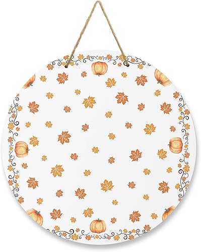 Miniatura 1 de Front Door Decoration Welcome Sign, Pumpkins Maple Leaves Fall Thanksgiving Farmhouse 10 Inch Round Wood Hanging Sign, Seasonal Wall Wreaths Porch
