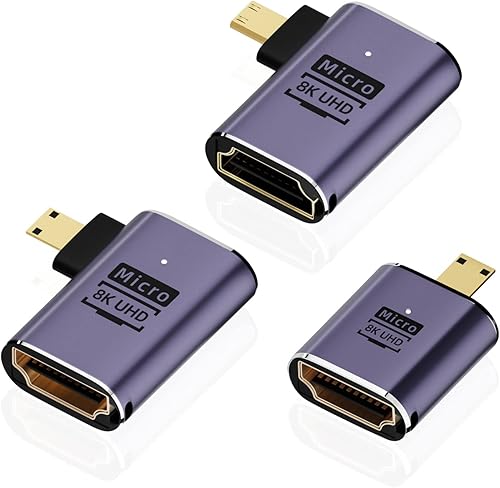 AreMe Adaptador Micro HDMI a HDMI de 8K (paquete de 3), 90 grados de ángulo izquierdo y recto Micro HDMI macho a HDMI hembra Cable para Sony A6000,