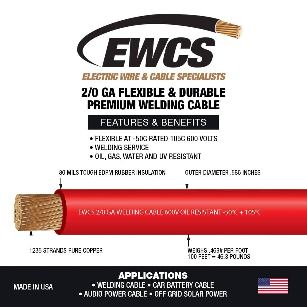 EWCS 2/0 Gauge Premium Extra Flexible Welding Cable 600 Volt