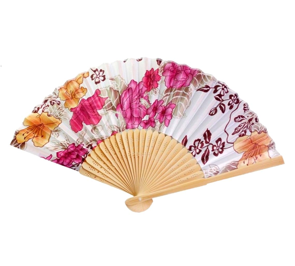 AUM Colorful Floral Pattern Hand Held Foldable Bamboo Japanese Silk Hand Fan (White) Gift Fan for Girls Women Wedding Favor Theme Party Decoration Stage Shows Dance