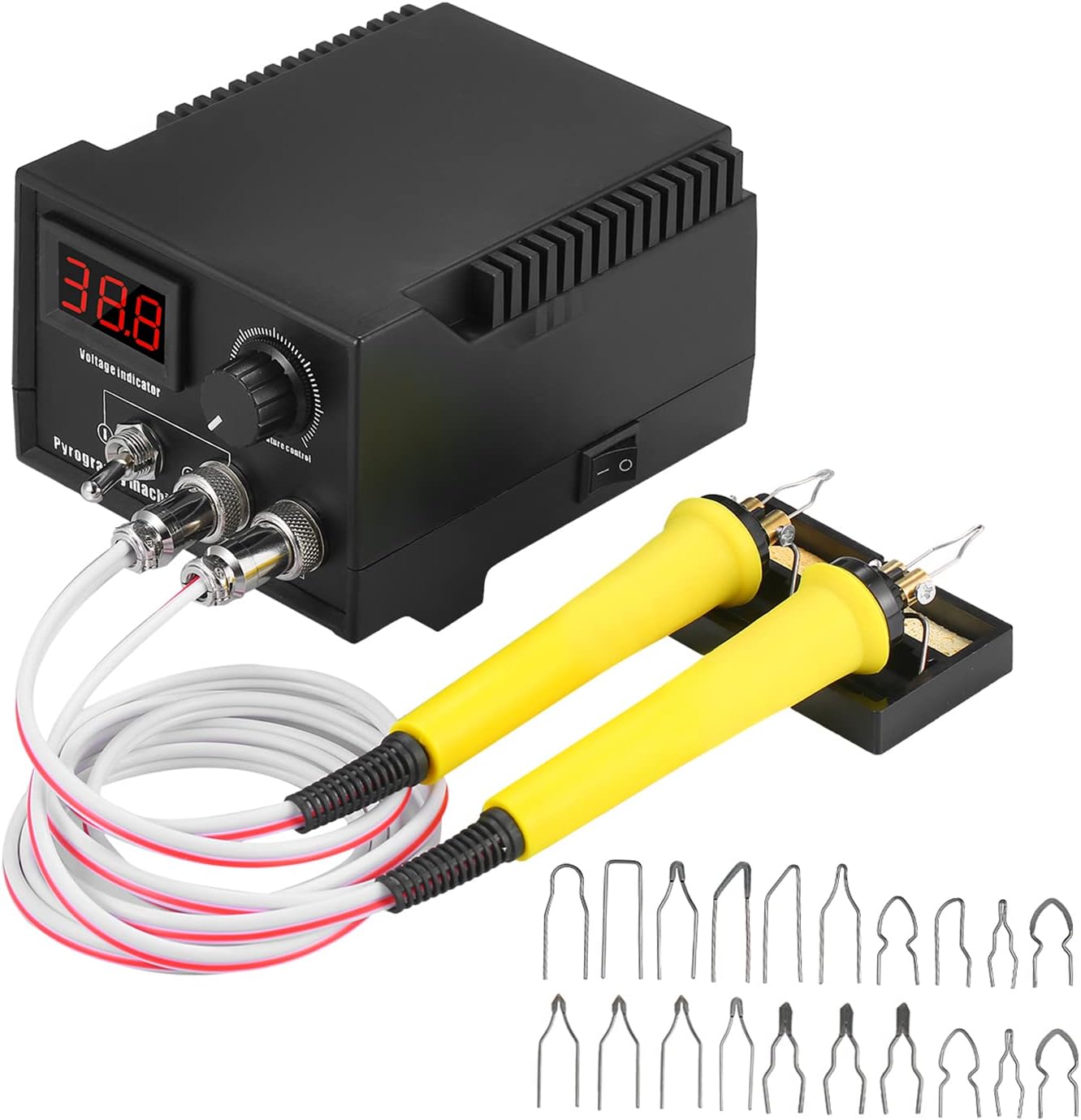 Kit de Pirograbador de Madera Profesional, 60W 220V Máquina de Pirograbador con 0 ° C a 800 ° C Temperatura Ajustable, 20 Cabezas de Bolígrafo, 2 Bolígrafos, Pyrographie Maschine para Madera