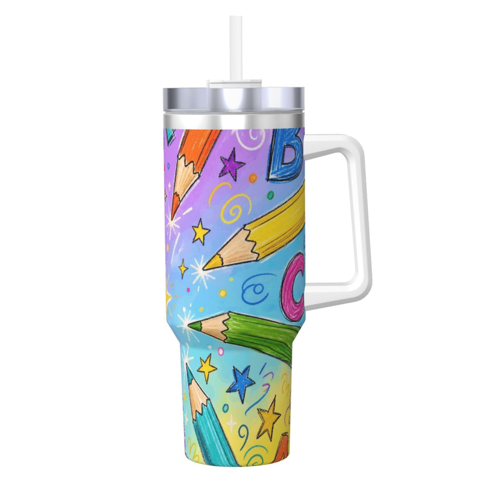 Vaso aislado Pencil Rainbow Dance de 40 oz con asa, el regalo perfecto para tus viajes en coche 1